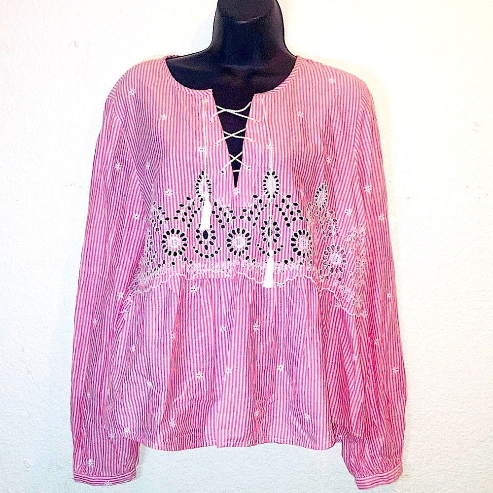 Gap Blouse Sz Lg. Red stripe Cotton lace pattern